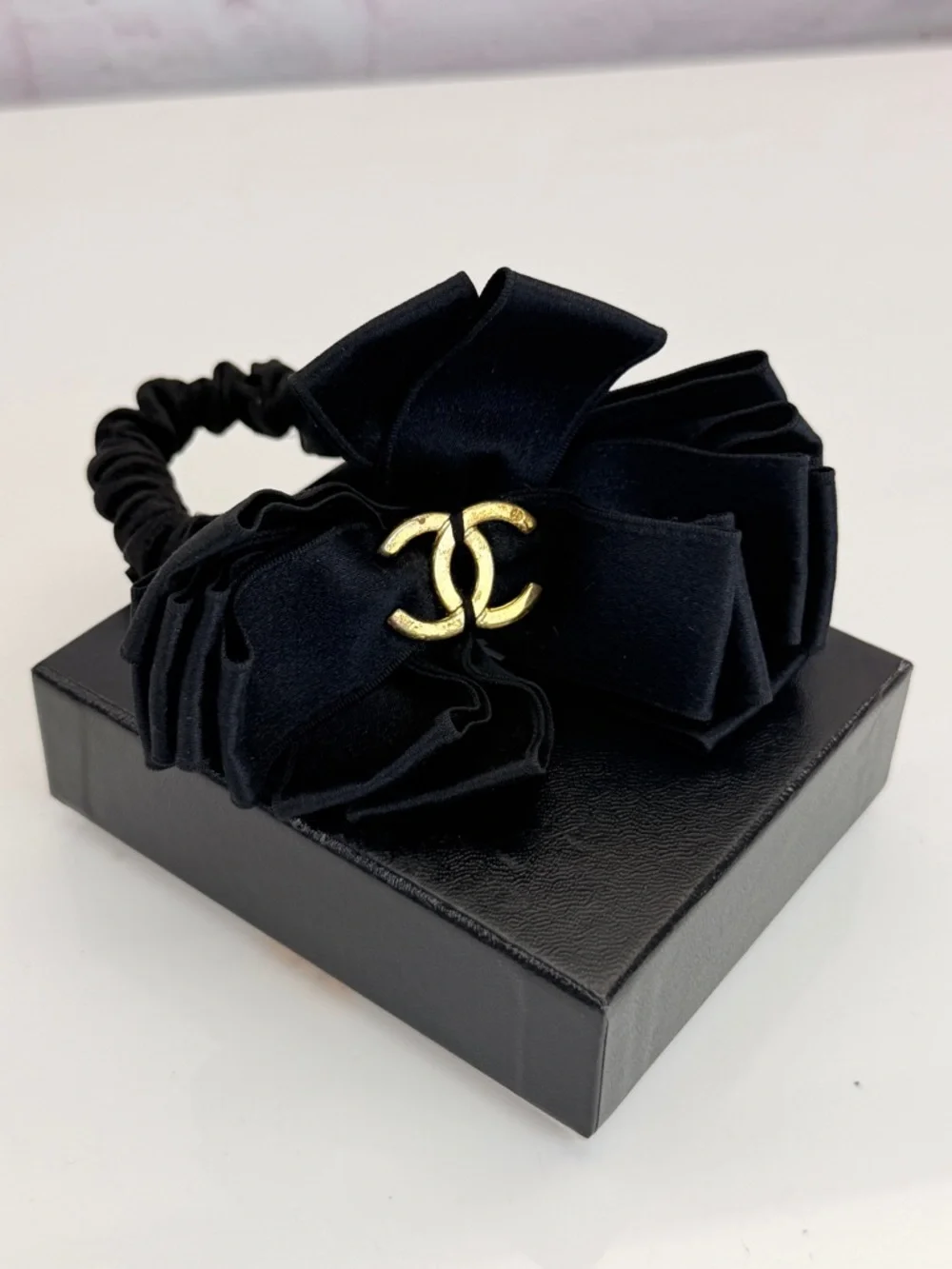 Rare Vintage Chanel Black Satin Bow Hair Scrunchie with Gold CC Accent
